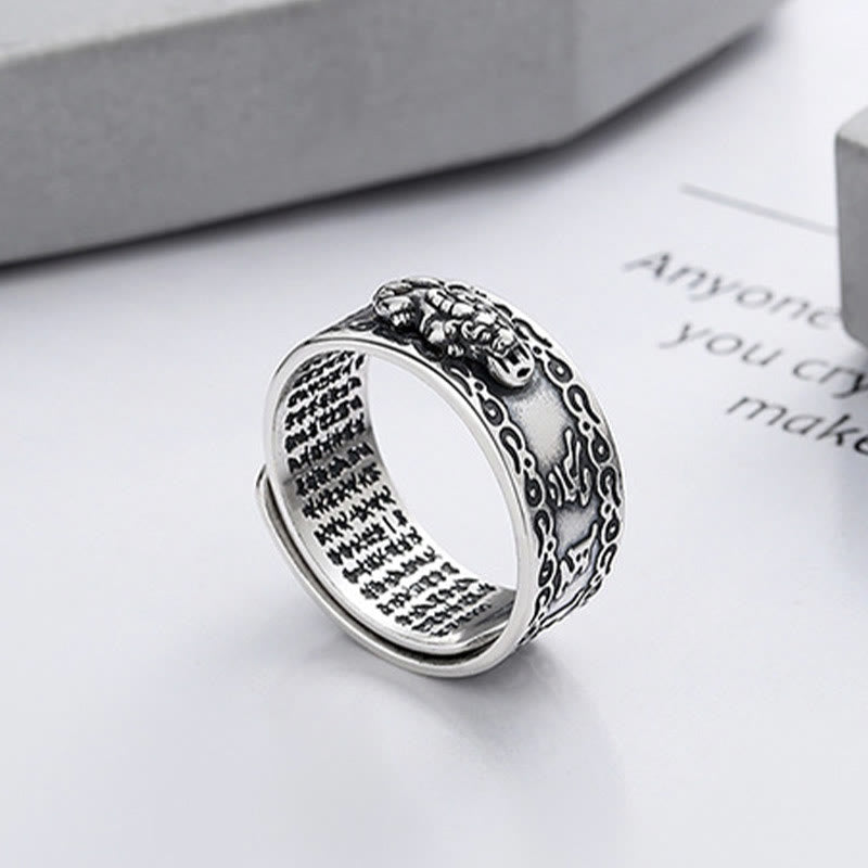 Anello regolabile Buddha Stones 925 Sterling Silver PiXiu Scripture Carved Wealth