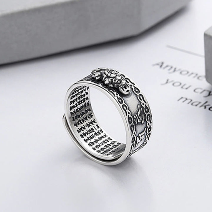Anello regolabile Buddha Stones 925 Sterling Silver PiXiu Scripture Carved Wealth