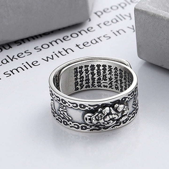 Anello regolabile Buddha Stones 925 Sterling Silver PiXiu Scripture Carved Wealth