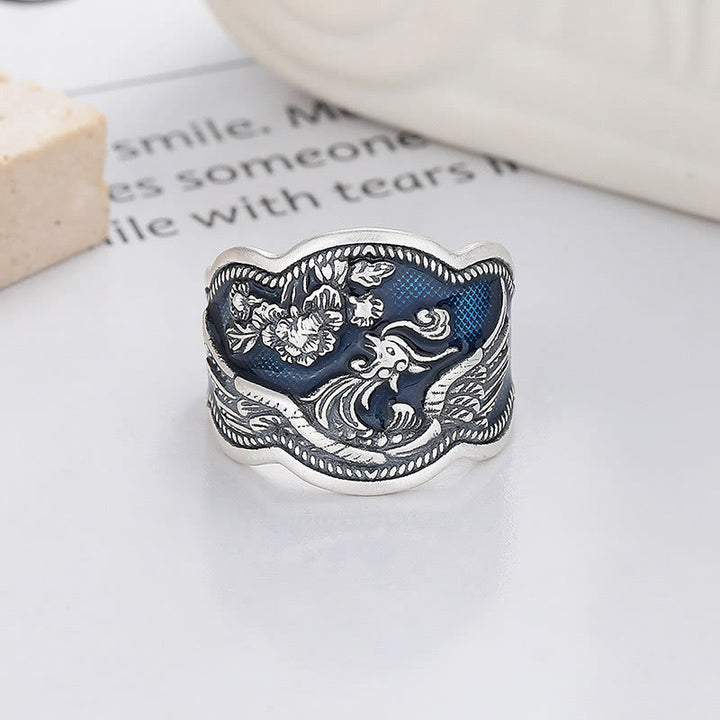 Anello regolabile con fiori di peonia fenice in argento sterling 925 Buddha Stones