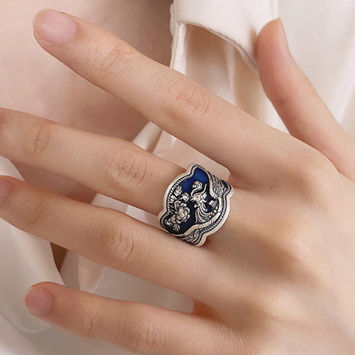 Anello regolabile con fiori di peonia fenice in argento sterling 925 Buddha Stones