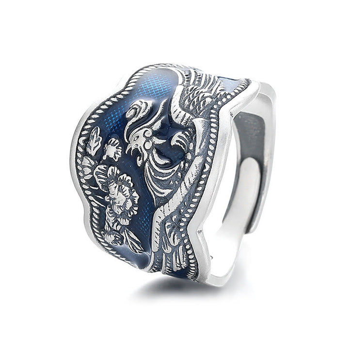 Anello regolabile con fiori di peonia fenice in argento sterling 925 Buddha Stones