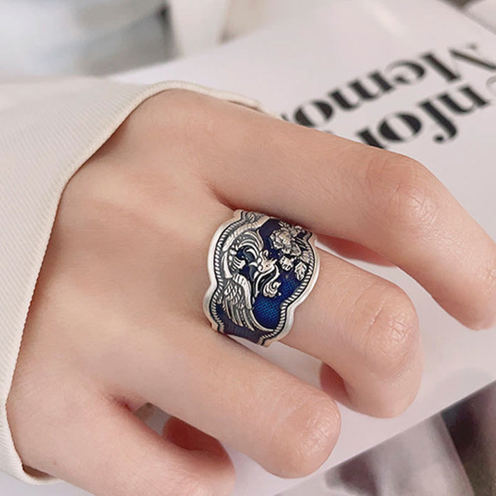 Anello regolabile con fiori di peonia fenice in argento sterling 925 Buddha Stones