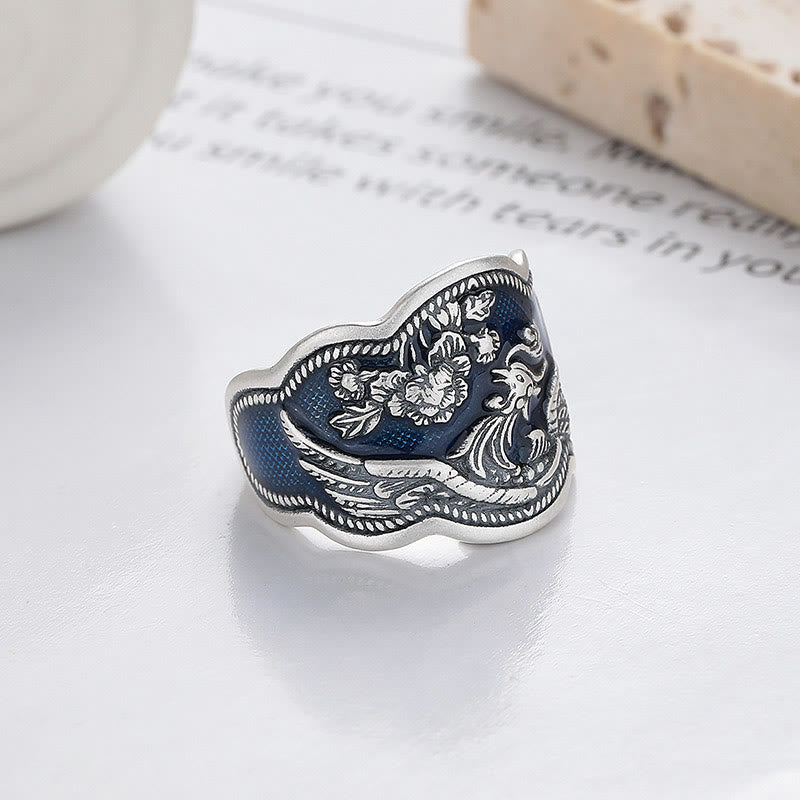 Anello regolabile con fiori di peonia fenice in argento sterling 925 Buddha Stones