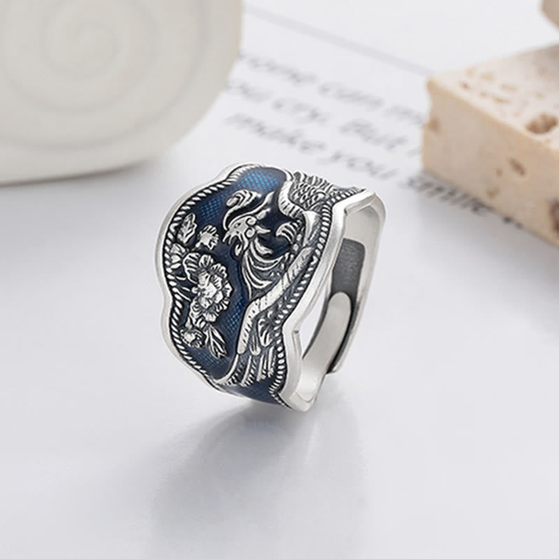 Anello regolabile con fiori di peonia fenice in argento sterling 925 Buddha Stones