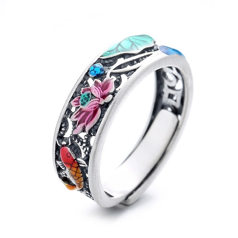 Buddha Stones 925 Sterling Silver Koi Fish Lotus Fortuna Tutto Va Bene Anello
