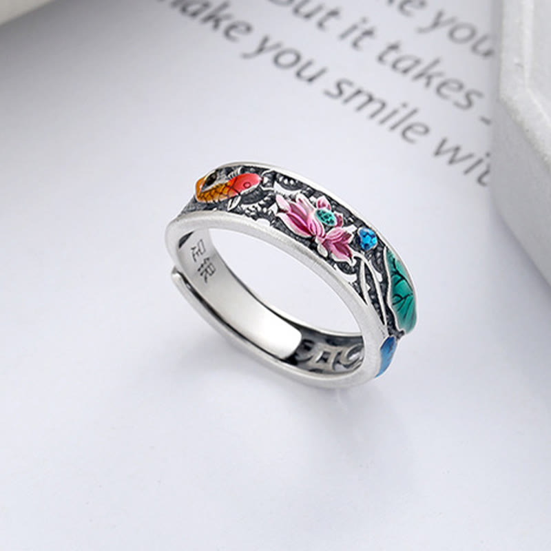 Buddha Stones 925 Sterling Silver Koi Fish Lotus Fortuna Tutto Va Bene Anello