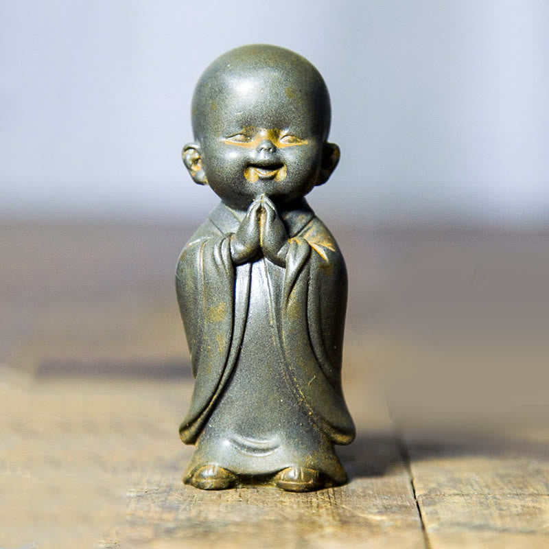 Buddha Stones Piccolo Monaco Meditante Ferro Polvere Ruggine Statua Resina Decorazione Scrivania - Monaco sorridente 8*3,5 cm - image 14