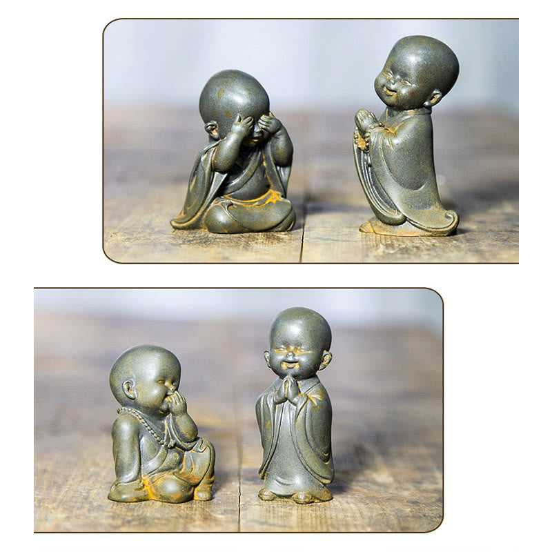 Buddha Stones Piccolo Monaco Meditante Ferro Polvere Ruggine Statua Resina Decorazione Scrivania - image 23