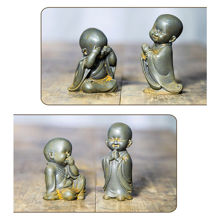 Buddha Stones Piccolo Monaco Meditante Ferro Polvere Ruggine Statua Resina Decorazione Scrivania - image 23