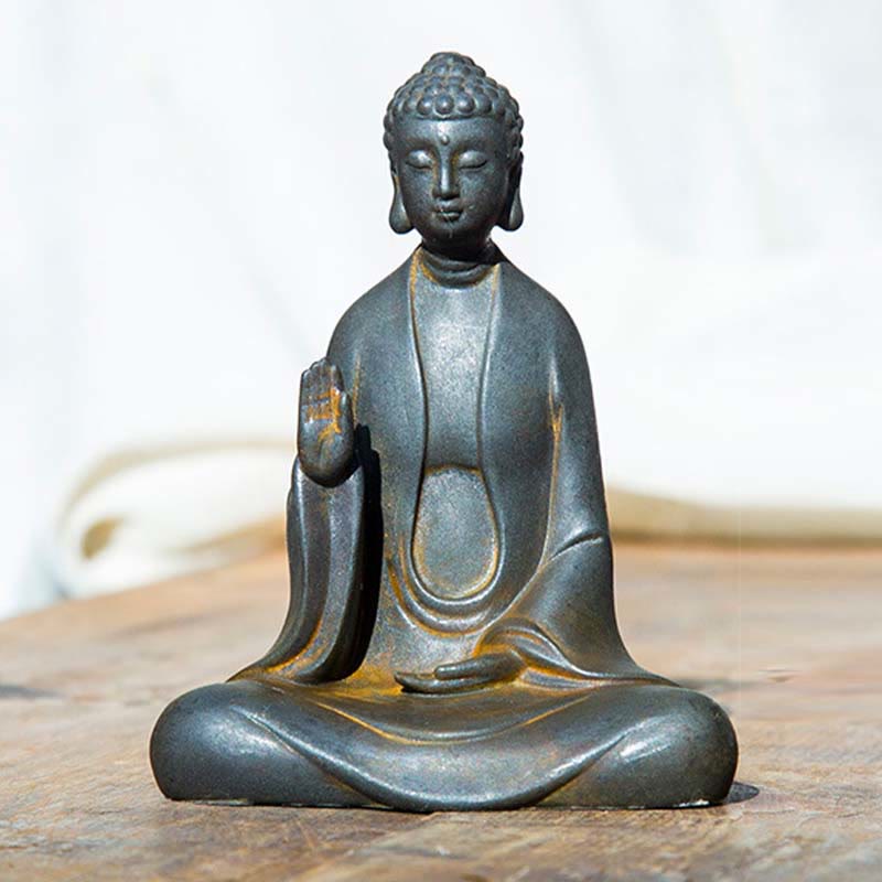 Buddha Stones Meditazione fatta a mano Buddha Sakyamuni Polvere di ferro Ruggine Statua in resina Decorazione - Monaco con le mani alzate - Versione ruggine 12*9cm - image 1