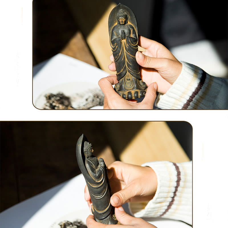 Decorazione della statua in resina colata di polvere di ferro Sakyamuni Buddha Namaste fatta a mano Buddha Stones