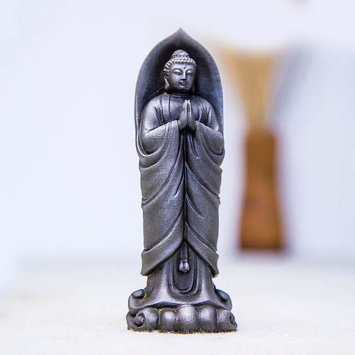 Decorazione della statua in resina colata di polvere di ferro Sakyamuni Buddha Namaste fatta a mano Buddha Stones