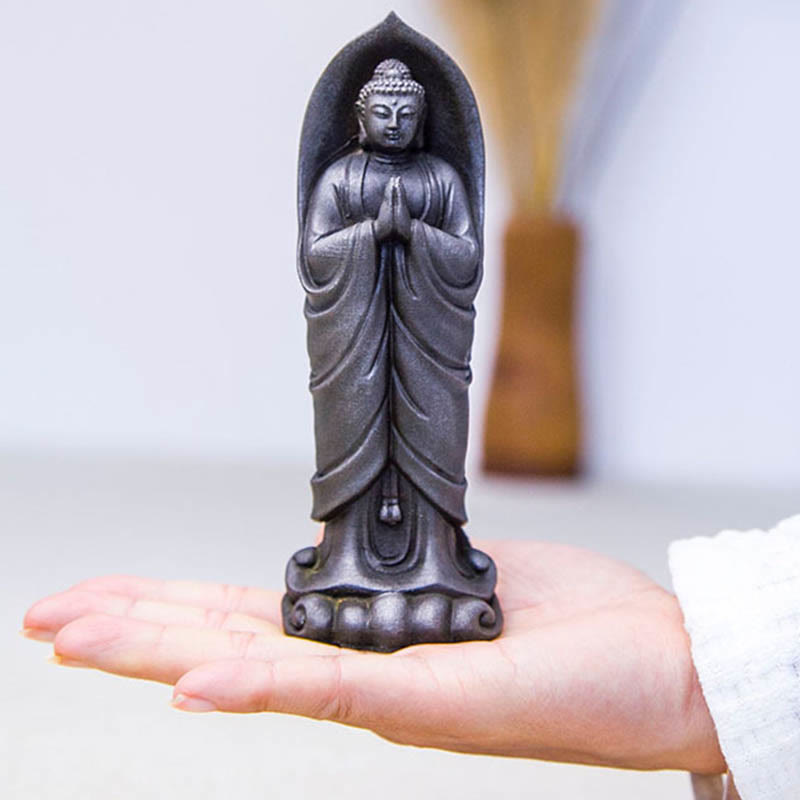 Decorazione della statua in resina colata di polvere di ferro Sakyamuni Buddha Namaste fatta a mano Buddha Stones