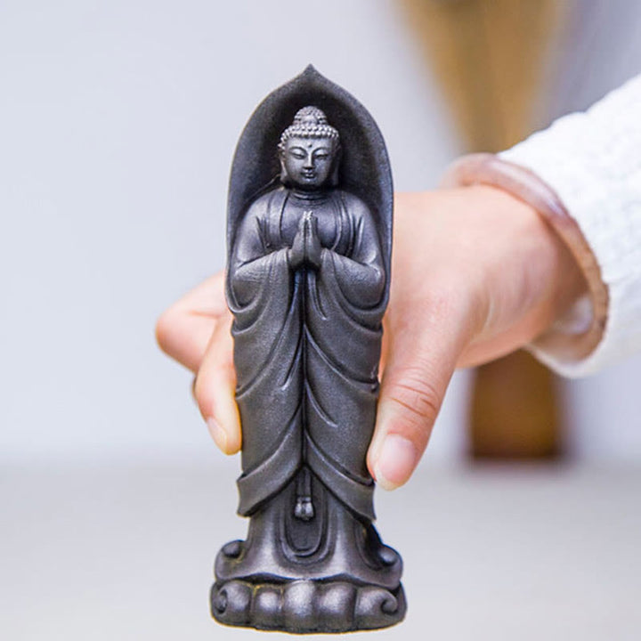 Decorazione della statua in resina colata di polvere di ferro Sakyamuni Buddha Namaste fatta a mano Buddha Stones