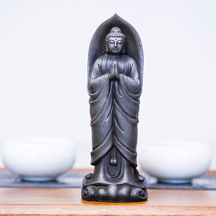 Decorazione della statua in resina colata di polvere di ferro Sakyamuni Buddha Namaste fatta a mano Buddha Stones