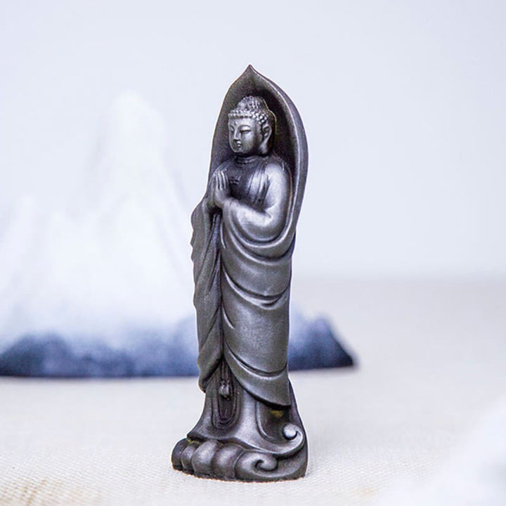 Decorazione della statua in resina colata di polvere di ferro Sakyamuni Buddha Namaste fatta a mano Buddha Stones