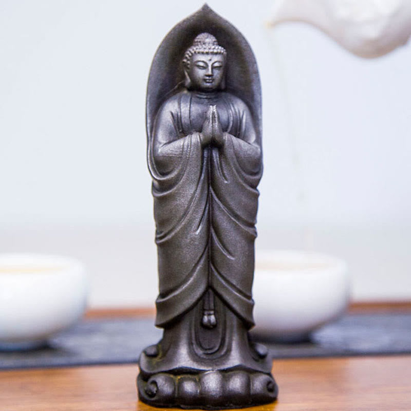 Decorazione della statua in resina colata di polvere di ferro Sakyamuni Buddha Namaste fatta a mano Buddha Stones