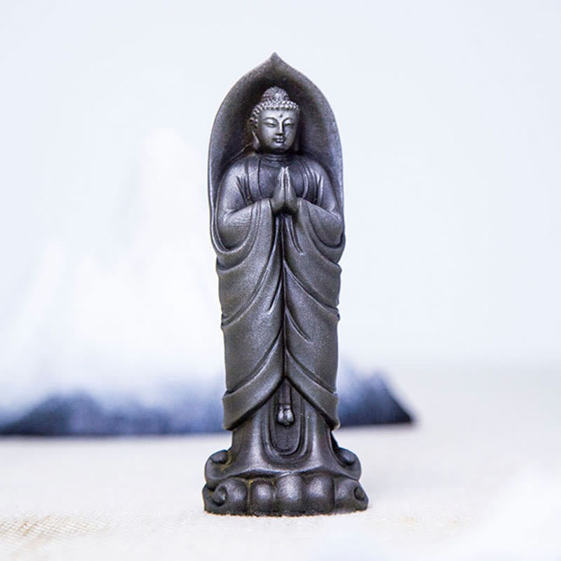 Decorazione della statua in resina colata di polvere di ferro Sakyamuni Buddha Namaste fatta a mano Buddha Stones