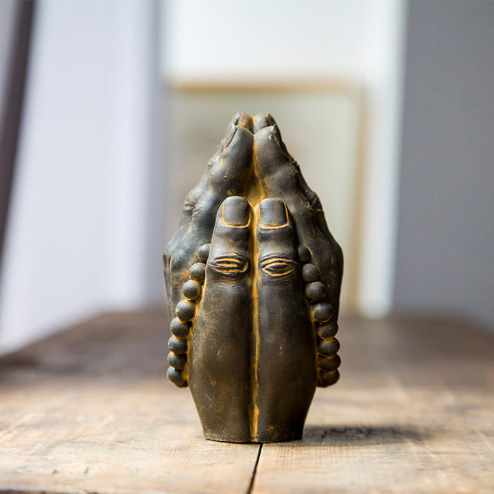 Buddha Stones fatte a mano Buddha mano Namaste polvere di ferro ruggine statua in resina decorazione