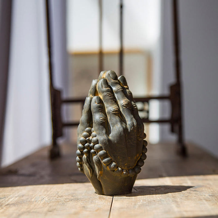 Buddha Stones fatte a mano Buddha mano Namaste polvere di ferro ruggine statua in resina decorazione