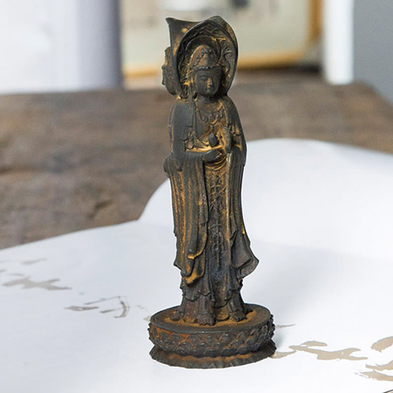 Buddha Stones Triangolare Kwan Yin Avalokitesvara Ferro Polvere Ruggine Resina Statua Ricchezza Decorazione Scrivania