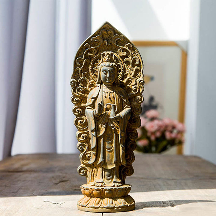 Buddha Stones fatte a mano Amitabha Guanyin Avalokitesvara Mahasthamaprapta Polvere di ferro Ruggine Statua in resina colata Decorazione - Vaso di Buddha - Versione ruggine 18*7cm - image 14
