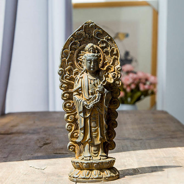 Buddha Stones fatte a mano Amitabha Guanyin Avalokitesvara Mahasthamaprapta Polvere di ferro Ruggine Statua in resina colata Decorazione - Manico Buddha Ruyi - Versione ruggine 18*7cm - image 0