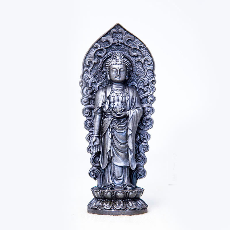 Buddha Stones fatte a mano Amitabha Guanyin Avalokitesvara Mahasthamaprapta Polvere di ferro Ruggine Statua in resina colata Decorazione - Loto di Buddha - Versione lucidata 18*7*4,7 cm - image 27