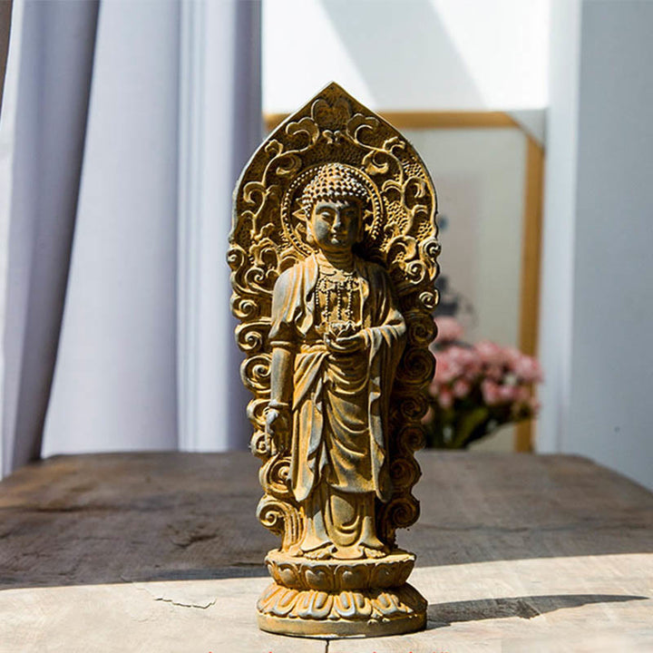 Buddha Stones fatte a mano Amitabha Guanyin Avalokitesvara Mahasthamaprapta Polvere di ferro Ruggine Statua in resina colata Decorazione - Loto di Buddha - Versione ruggine 18*7cm - image 8