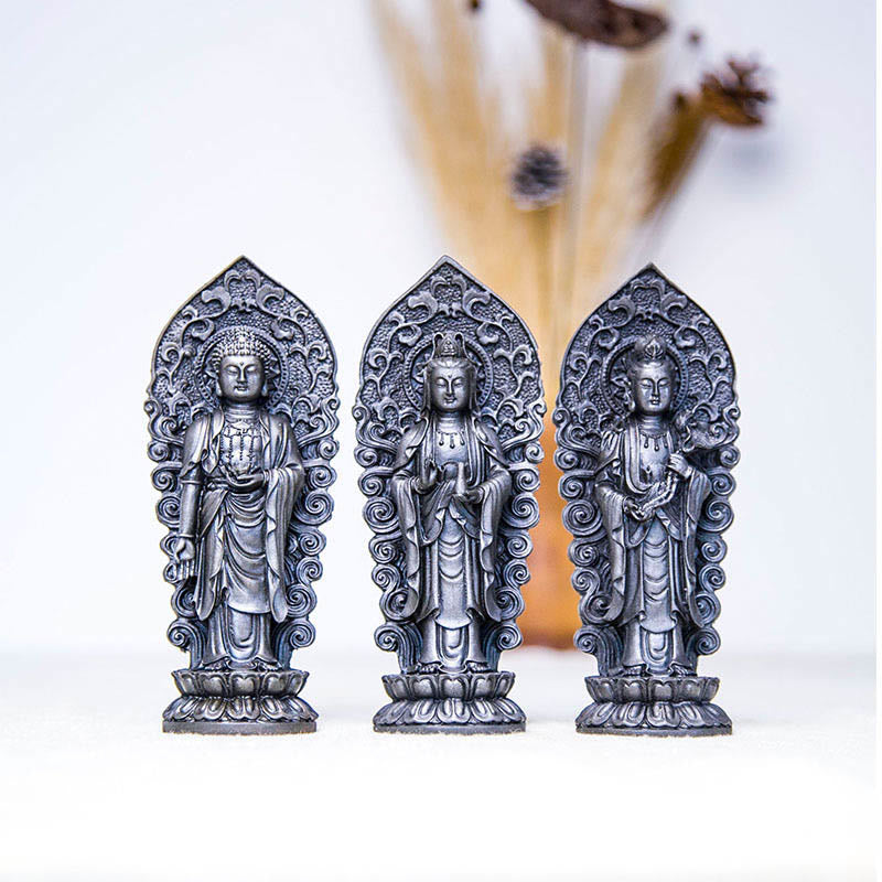 Buddha Stones fatte a mano Amitabha Guanyin Avalokitesvara Mahasthamaprapta Polvere di ferro Ruggine Statua in resina colata Decorazione