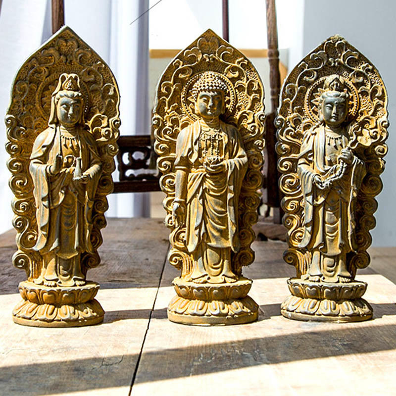 Buddha Stones fatte a mano Amitabha Guanyin Avalokitesvara Mahasthamaprapta Polvere di ferro Ruggine Statua in resina colata Decorazione