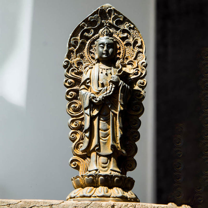 Buddha Stones fatte a mano Amitabha Guanyin Avalokitesvara Mahasthamaprapta Polvere di ferro Ruggine Statua in resina colata Decorazione - image 4