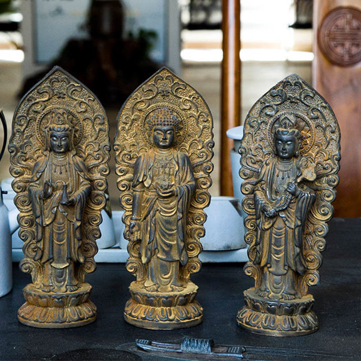Buddha Stones fatte a mano Amitabha Guanyin Avalokitesvara Mahasthamaprapta Polvere di ferro Ruggine Statua in resina colata Decorazione