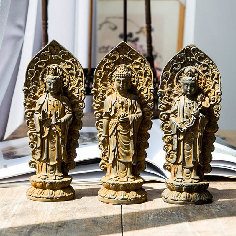 Buddha Stones fatte a mano Amitabha Guanyin Avalokitesvara Mahasthamaprapta Polvere di ferro Ruggine Statua in resina colata Decorazione