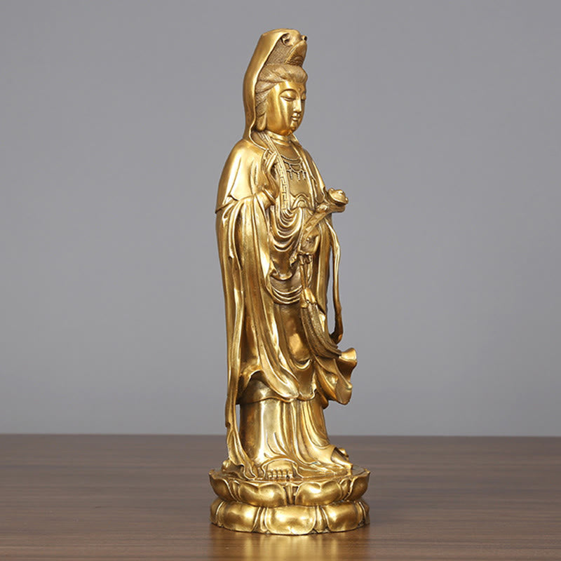Buddha Stones Dorate in Piedi Kwan Yin Avalokitesvara Ricchezza Ottone Rame Statua Decorazione Scrivania Casa - image 1