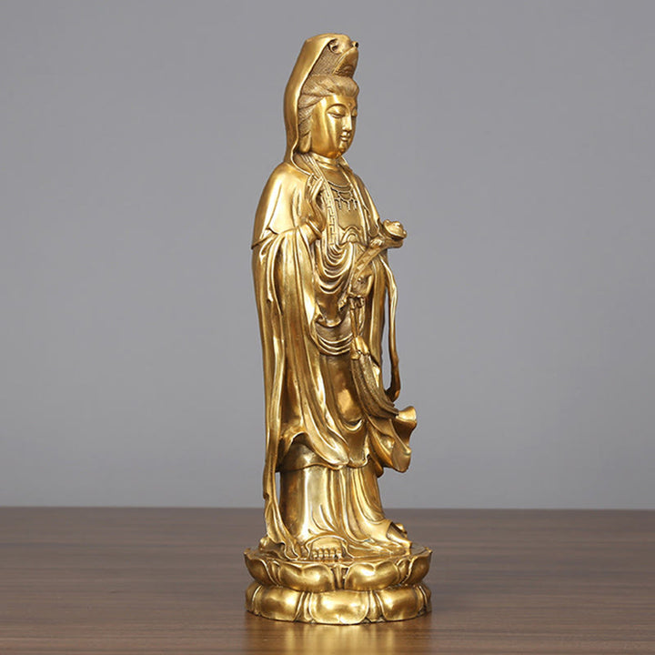 Buddha Stones Dorate in Piedi Kwan Yin Avalokitesvara Ricchezza Ottone Rame Statua Decorazione Scrivania Casa - image 1