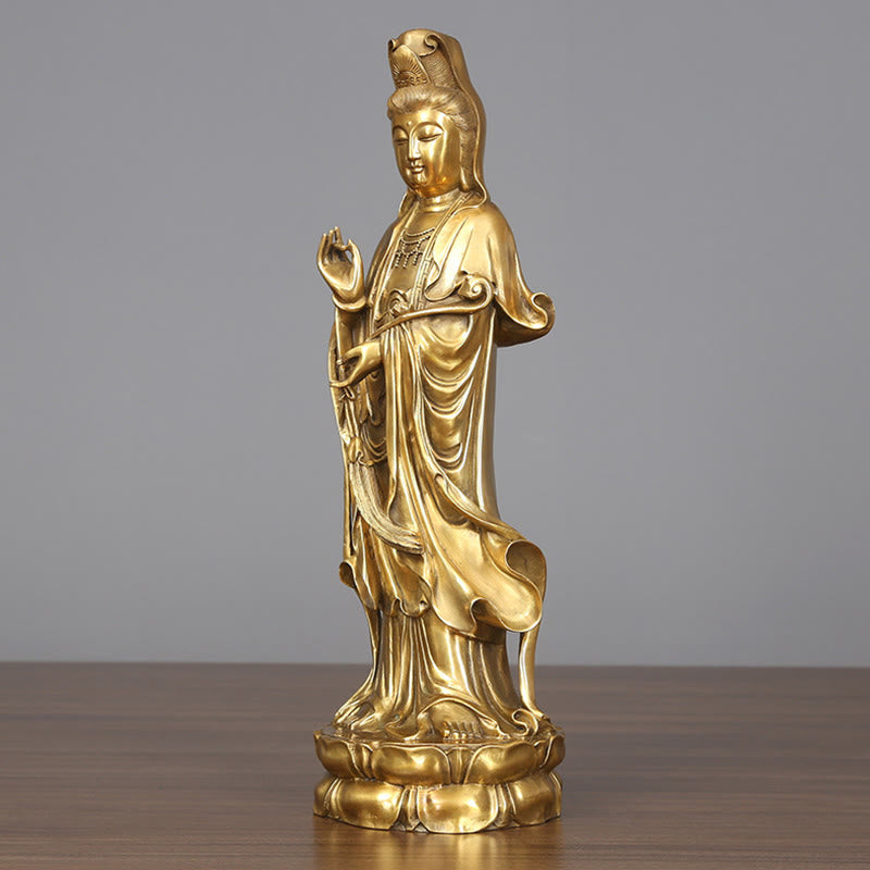 Buddha Stones Dorate in Piedi Kwan Yin Avalokitesvara Ricchezza Ottone Rame Statua Decorazione Scrivania Casa - image 2