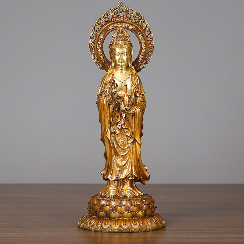 Buddha Stones Kwan Yin Avalokitesvara Loto Aura Successo Ottone Rame Statua Decorazione per la casa - Avalokitesvara 19*45cm - image 0
