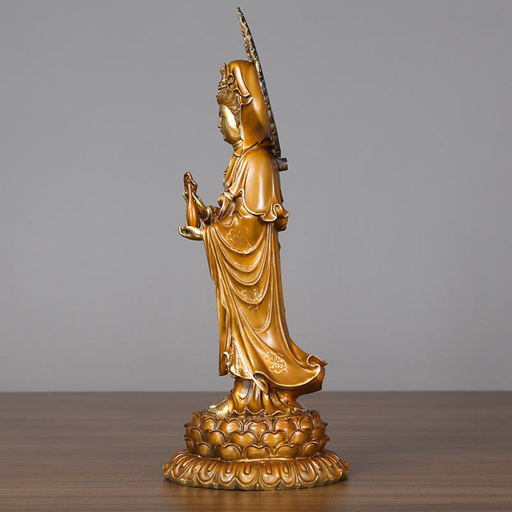 Buddha Stones Kwan Yin Avalokitesvara Loto Aura Successo Ottone Rame Statua Decorazione per la casa