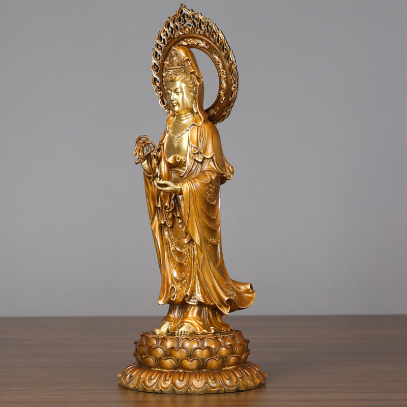 Buddha Stones Kwan Yin Avalokitesvara Loto Aura Successo Ottone Rame Statua Decorazione per la casa