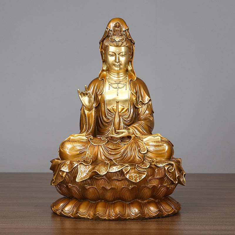 Buddha Stones Kwan Yin Avalokitesvara Loto Seduto Armonia Ottone Rame Statua Decorazione Altare Domestico - image 12