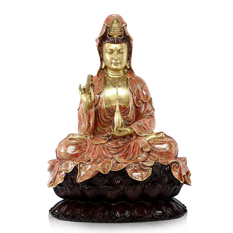 Buddha Stones Kwan Yin Avalokitesvara Loto Seduto Armonia Ottone Rame Statua Decorazione Altare Domestico - Avalokitesvara rosa chiaro 27*25*41cm - image 17