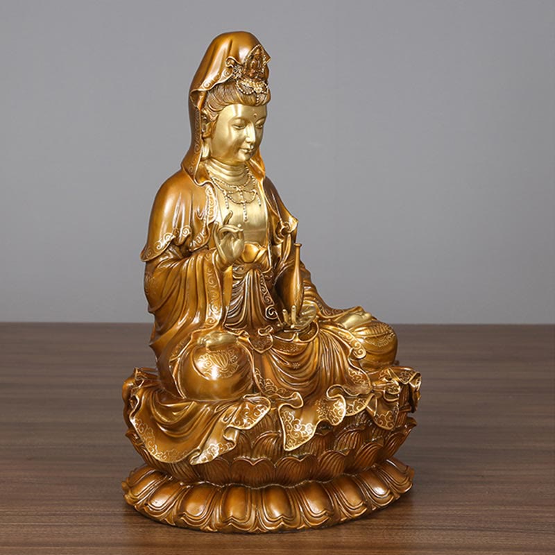 Buddha Stones Kwan Yin Avalokitesvara Loto Seduto Armonia Ottone Rame Statua Decorazione Altare Domestico