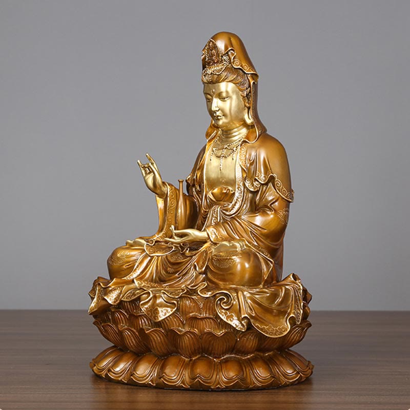 Buddha Stones Kwan Yin Avalokitesvara Loto Seduto Armonia Ottone Rame Statua Decorazione Altare Domestico - image 3