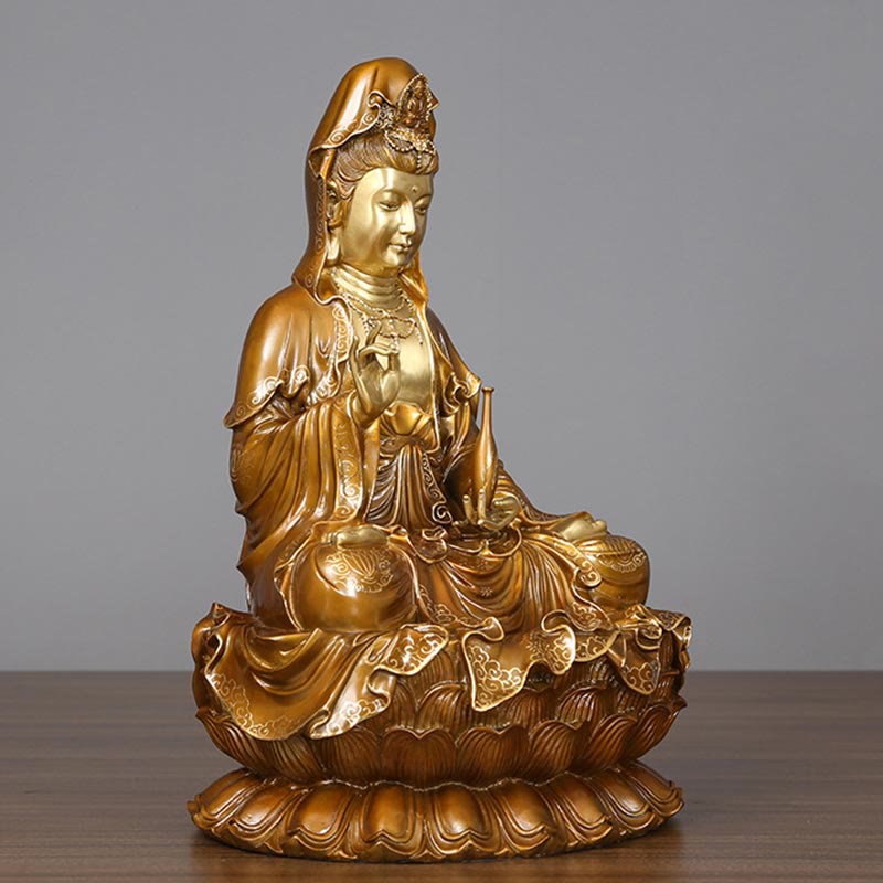 Buddha Stones Kwan Yin Avalokitesvara Loto Seduto Armonia Ottone Rame Statua Decorazione Altare Domestico - image 1