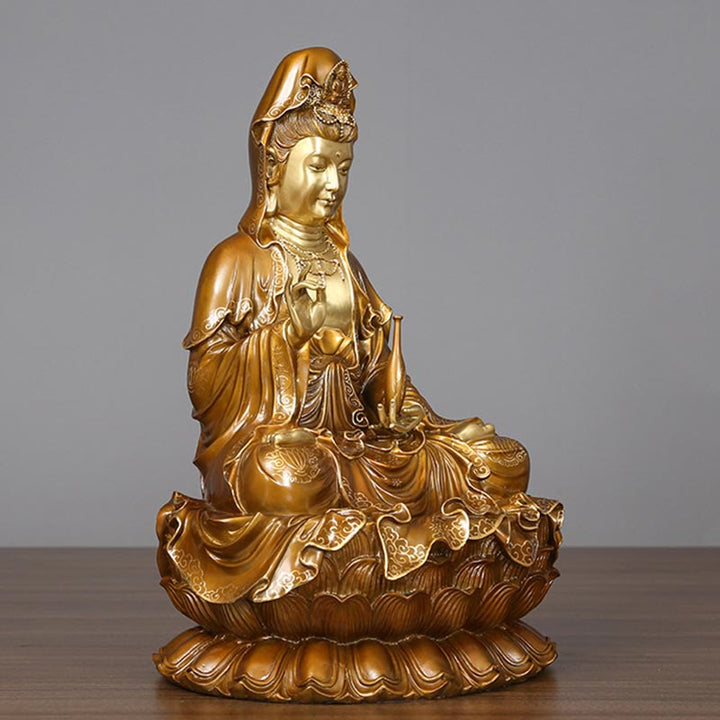 Buddha Stones Kwan Yin Avalokitesvara Loto Seduto Armonia Ottone Rame Statua Decorazione Altare Domestico - image 1