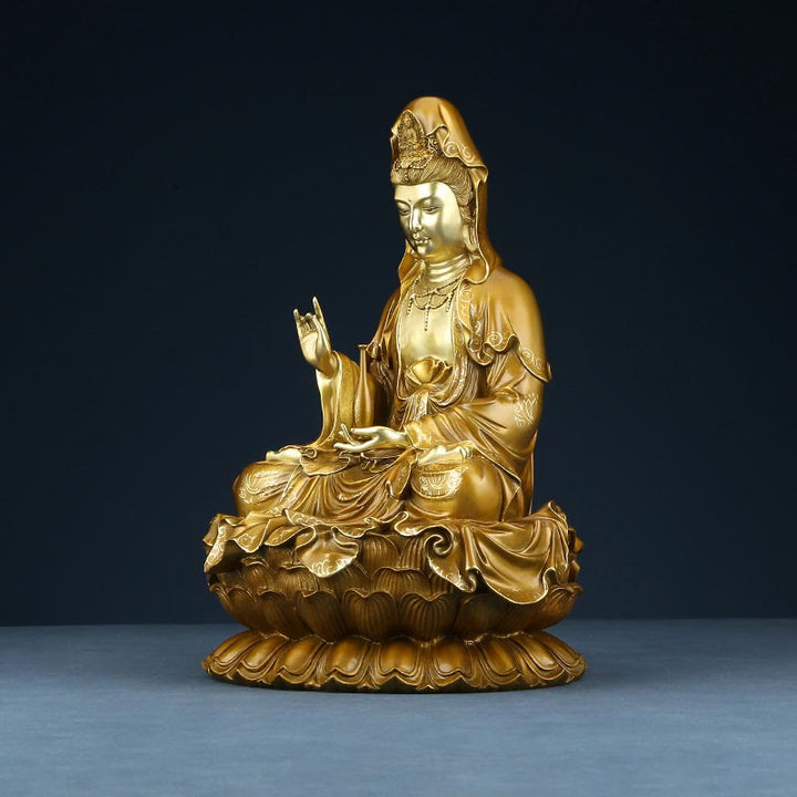 Buddha Stones Kwan Yin Avalokitesvara Loto Seduto Armonia Ottone Rame Statua Decorazione Altare Domestico - image 14