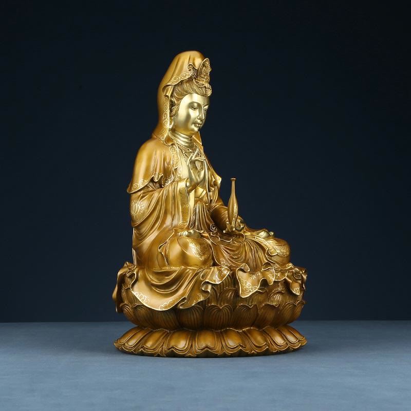 Buddha Stones Kwan Yin Avalokitesvara Loto Seduto Armonia Ottone Rame Statua Decorazione Altare Domestico