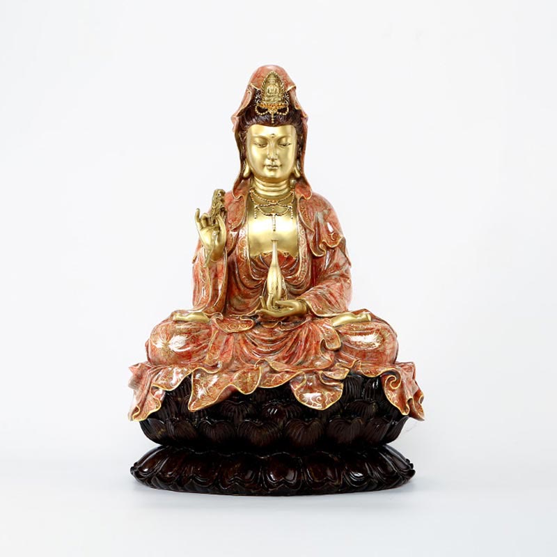Buddha Stones Kwan Yin Avalokitesvara Loto Seduto Armonia Ottone Rame Statua Decorazione Altare Domestico - image 19